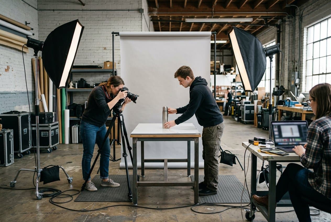 A photographer preparing a product shoot for better online presentation
