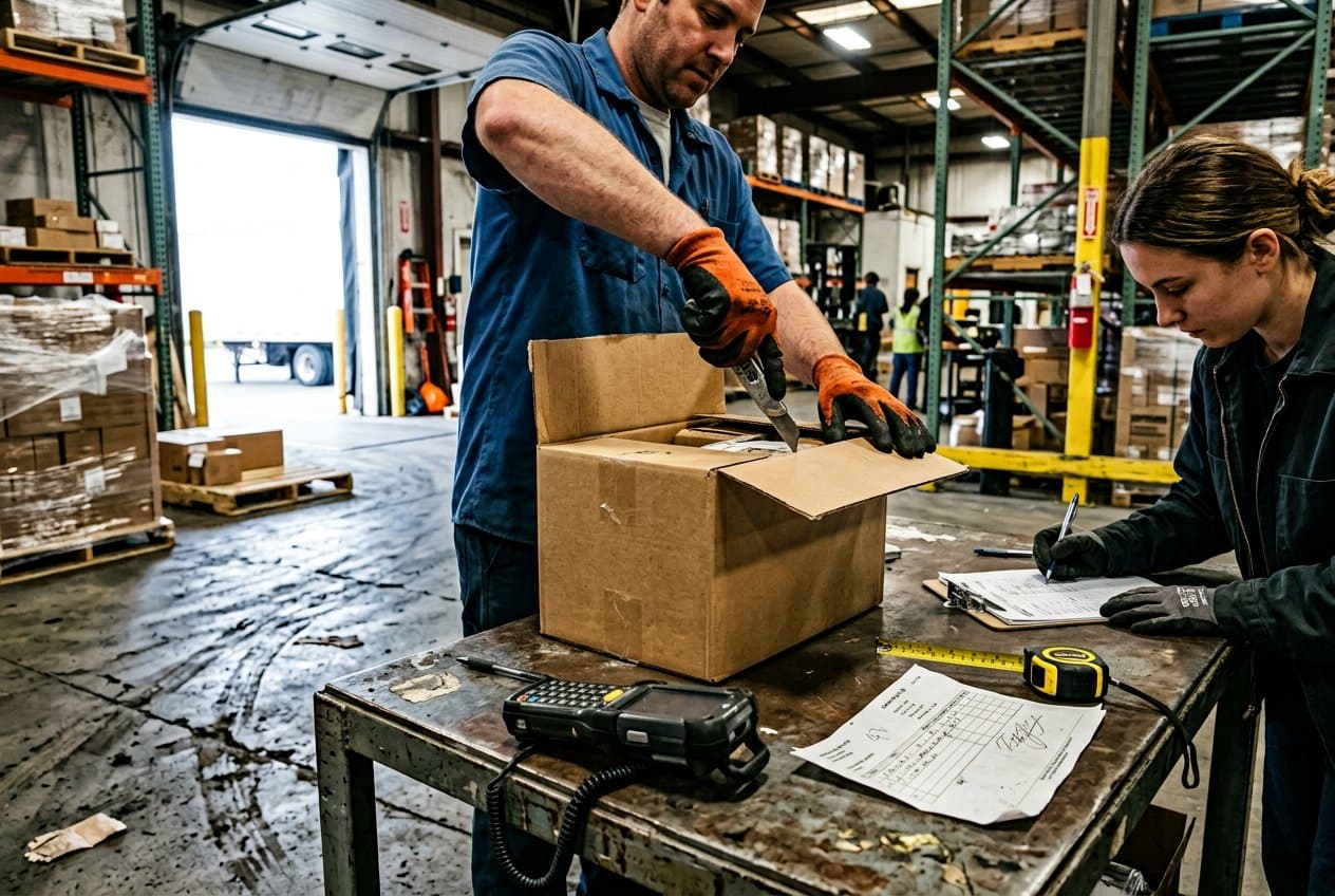 A warehouse worker scanning inventory during a quality check